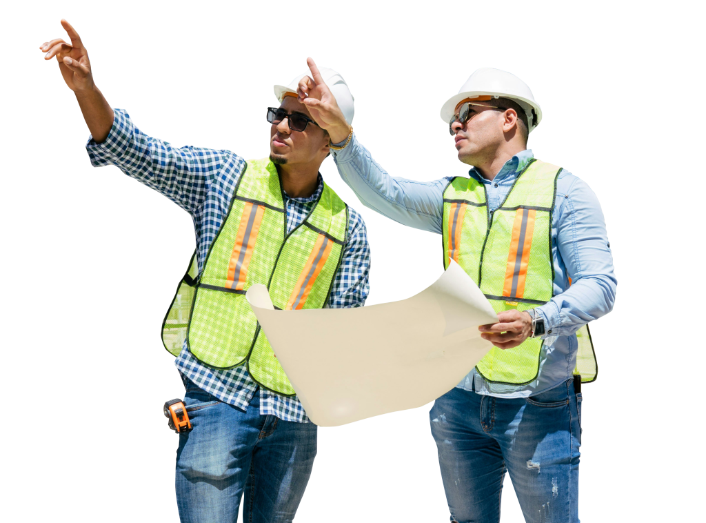 Engineer & Architect consulting about an active construction project in front of rebar-cut out